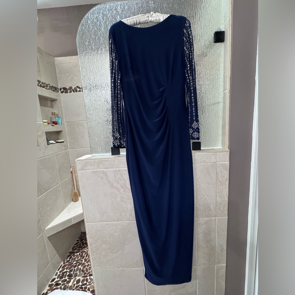 MARINA Navy Long Sleeve Evening Gown with Beaded Sleeves